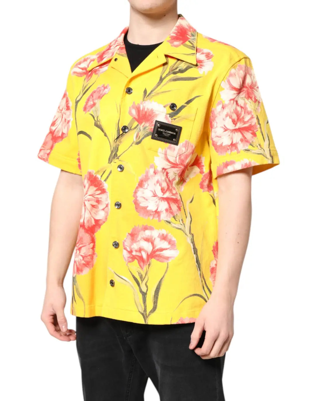 Dolce &amp; Gabbana Yellow Floral Men Button Down Casual Shirt