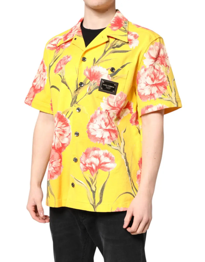 Dolce &amp; Gabbana Yellow Floral Men Button Down Casual Shirt