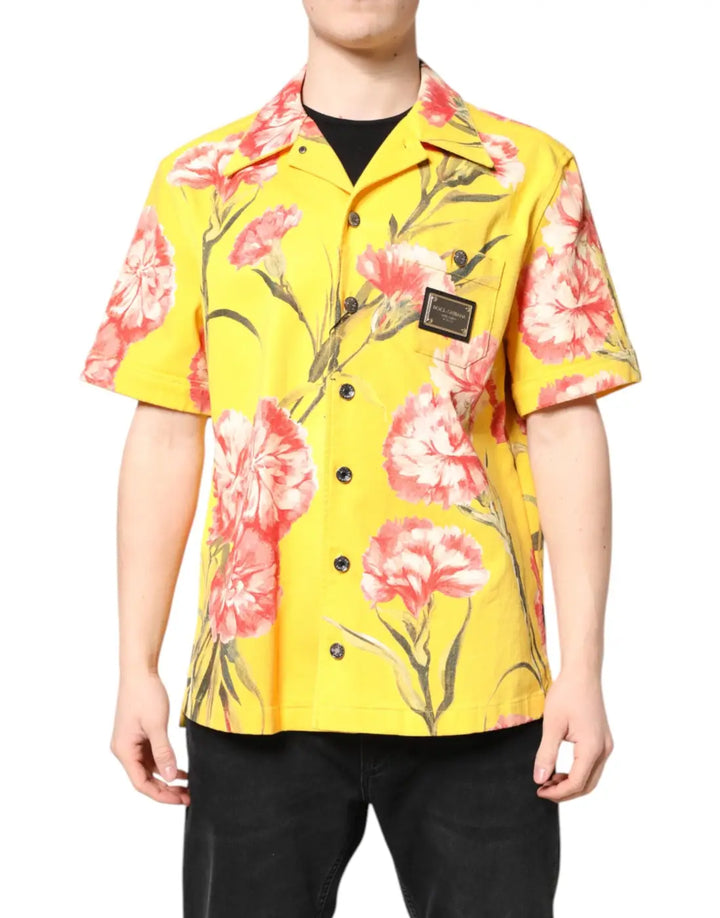 Dolce &amp; Gabbana Yellow Floral Men Button Down Casual Shirt