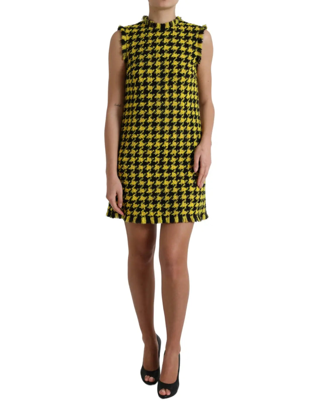 Dolce &amp; Gabbana Yellow Houndstooth Sleeveless Aline Mini Dress