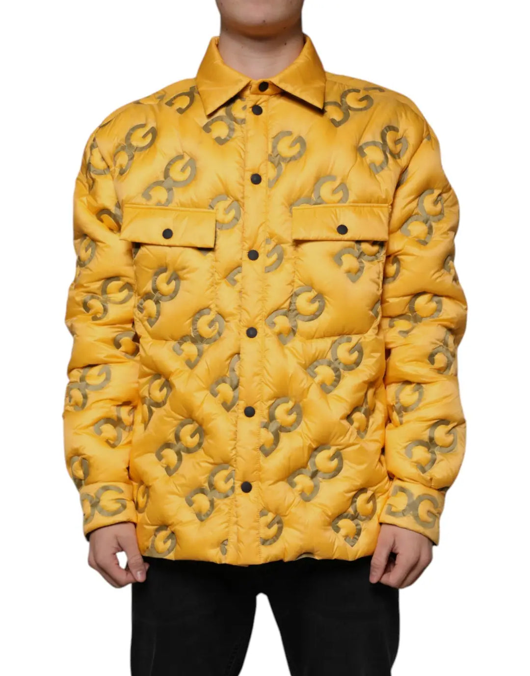 Dolce &amp; Gabbana Yellow Logo Padded Buttoned Blouson Jacket