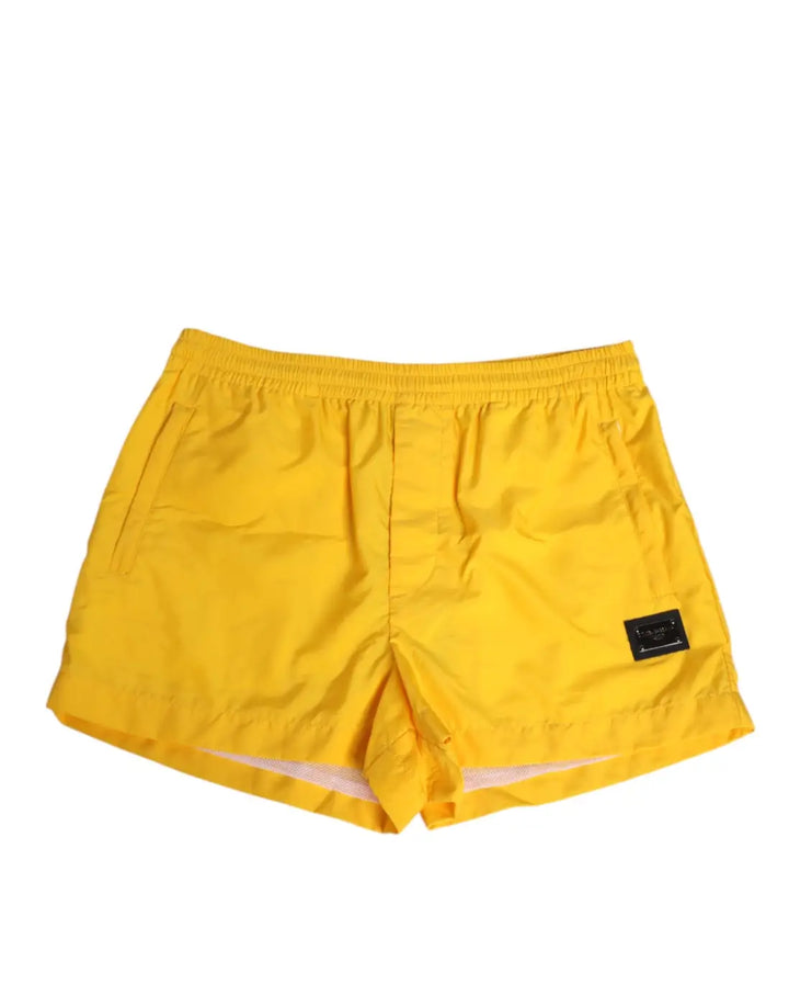 Dolce &amp; Gabbana Yellow Nylon Logo Plaque Boxer Shorts Swimwear