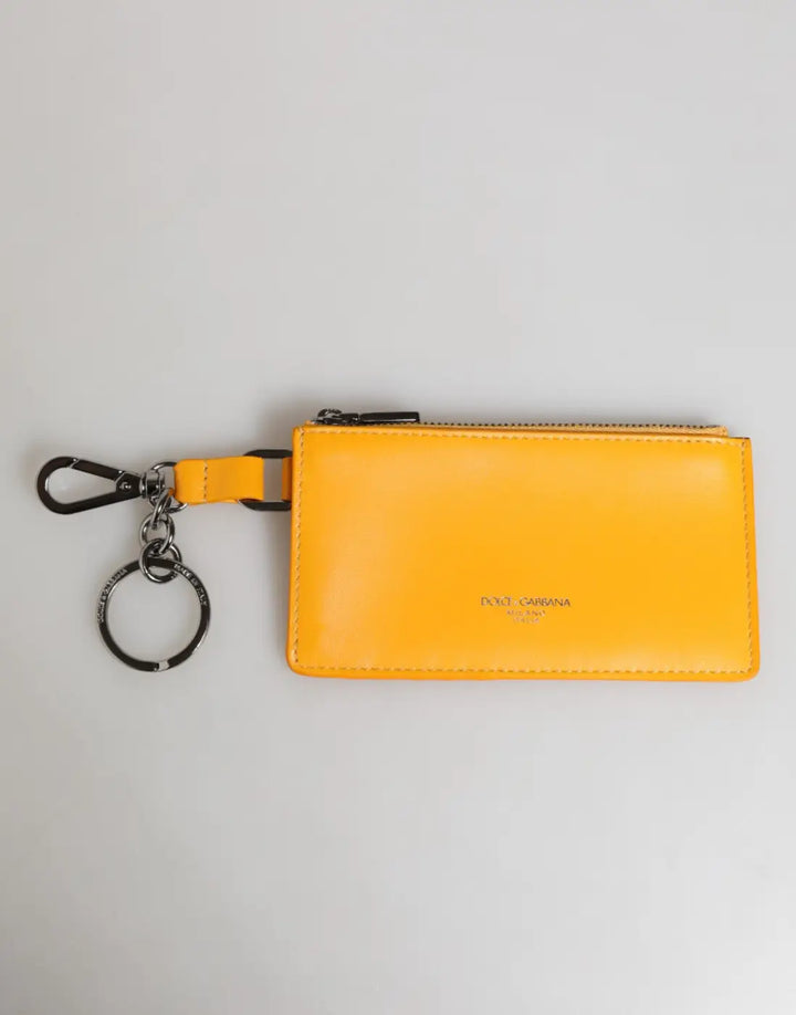 Dolce &amp; Gabbana Yellow Orange Leather Credit Card Key Holder Clip On Wallet