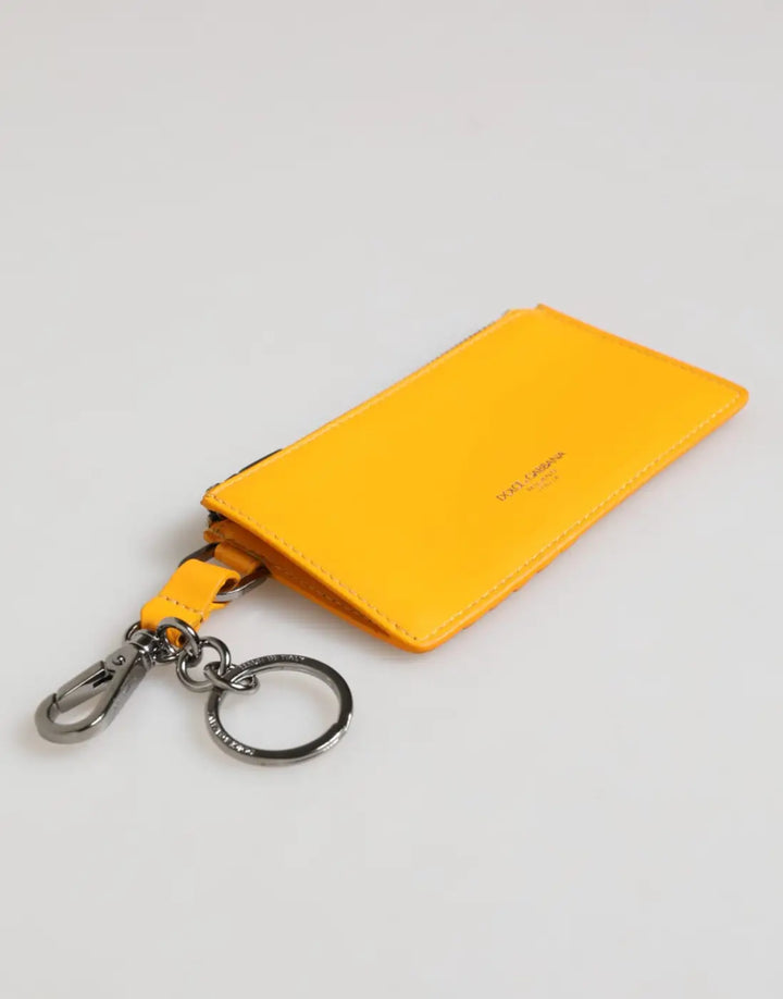 Dolce &amp; Gabbana Yellow Orange Leather Credit Card Key Holder Clip On Wallet