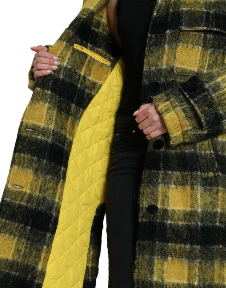 Dolce &amp; Gabbana Trench Coats - Yellow Plaid Long Sleeve Casual Coat Jacket