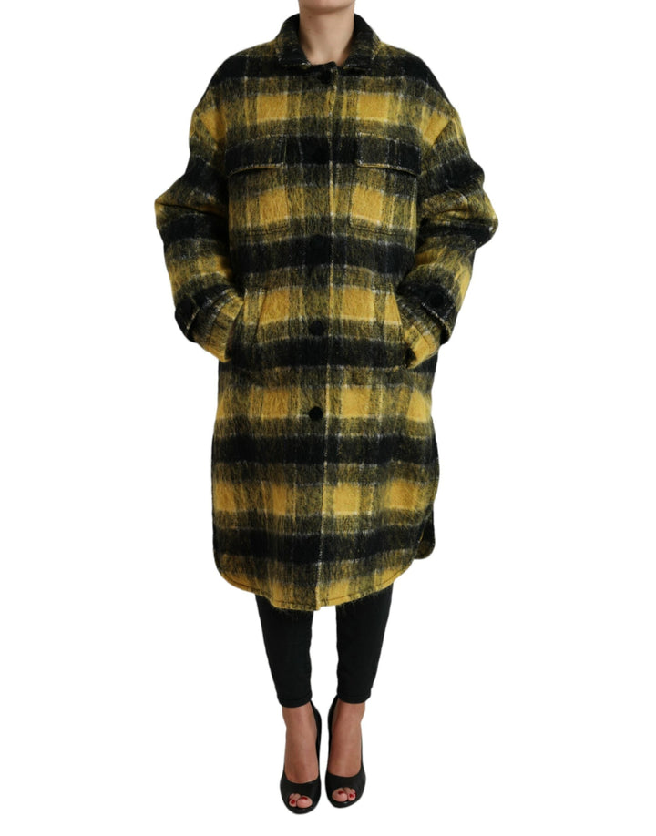Dolce &amp; Gabbana Trench Coats - Yellow Plaid Long Sleeve Casual Coat Jacket