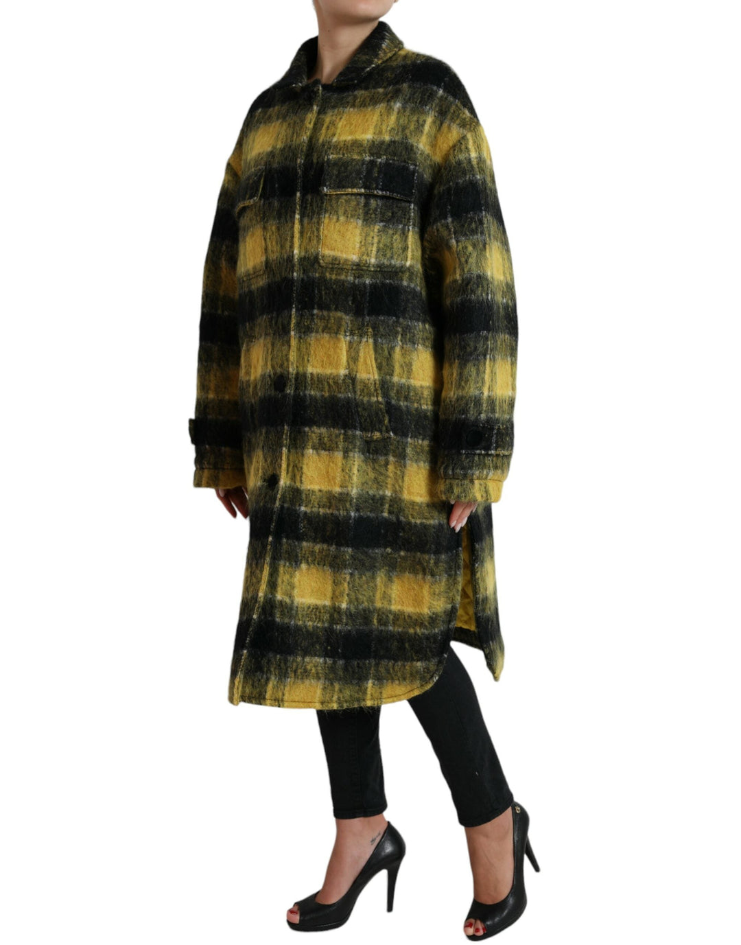 Dolce &amp; Gabbana Trench Coats - Yellow Plaid Long Sleeve Casual Coat Jacket