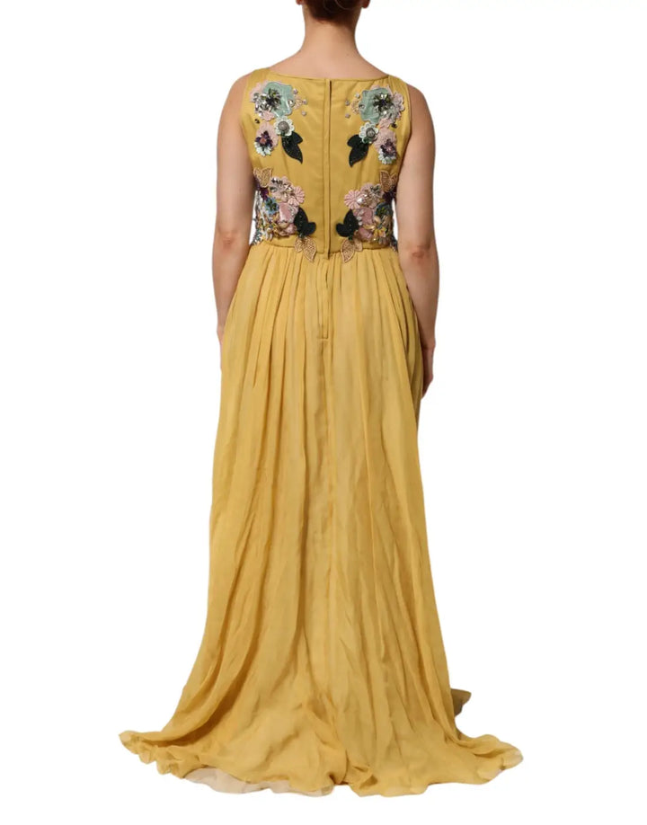 Dolce &amp; Gabbana Yellow Silk Floral Embroidered Maxi Dress
