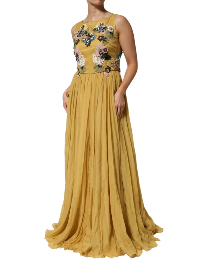 Dolce &amp; Gabbana Yellow Silk Floral Embroidered Maxi Dress