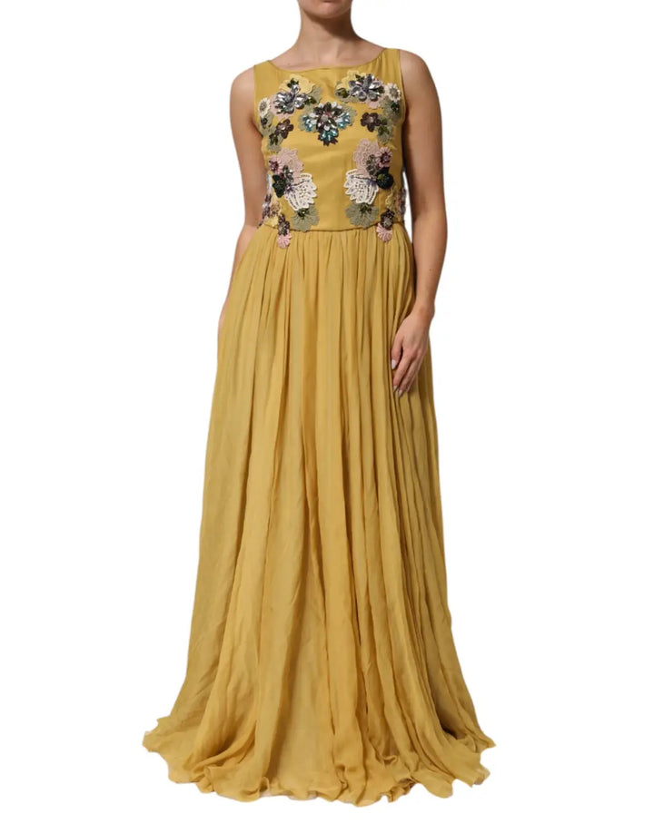 Dolce &amp; Gabbana Yellow Silk Floral Embroidered Maxi Dress
