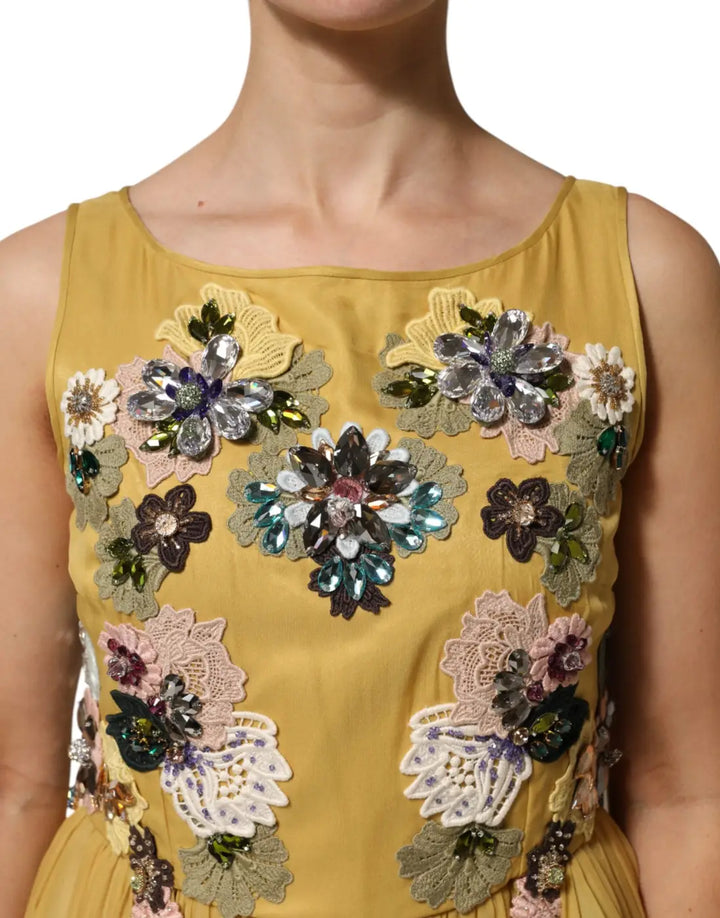 Dolce &amp; Gabbana Yellow Silk Floral Embroidered Maxi Dress