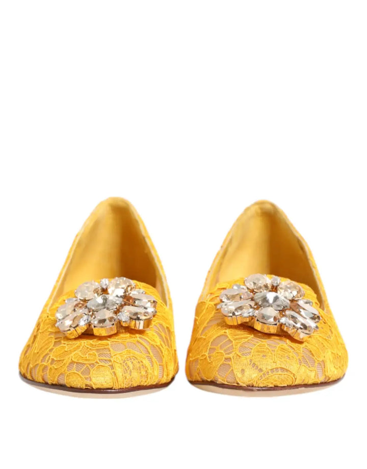 Dolce &amp; Gabbana Yellow Taormina Lace Crystals Flats Shoes