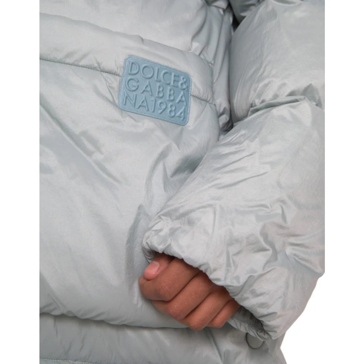 Dolce & Gabbana Zip Puffer Jacket in Light Blue with Hood and Logo