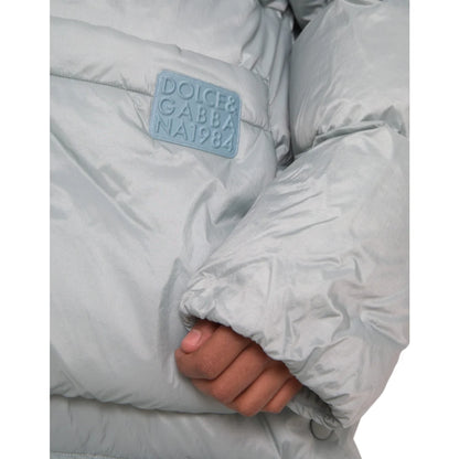Dolce & Gabbana Zip Puffer Jacket in Light Blue with Hood and Logo