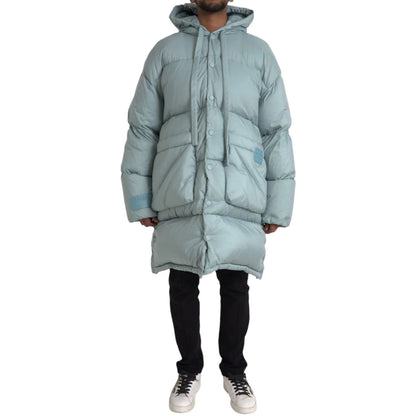 Dolce & Gabbana Zip Puffer Jacket in Light Blue with Hood and Logo