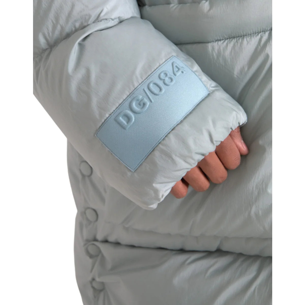 Dolce & Gabbana Zip Puffer Jacket in Light Blue with Hood and Logo