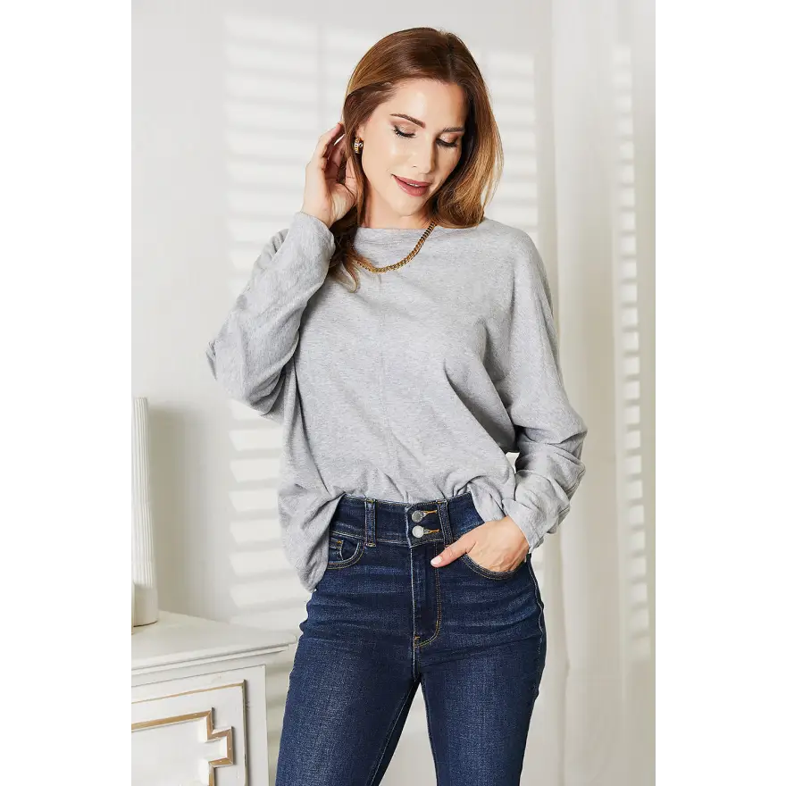 Chic Seam Detail Round Neck Long Sleeve Wardrobe Essential Clothing Tops Trendsi