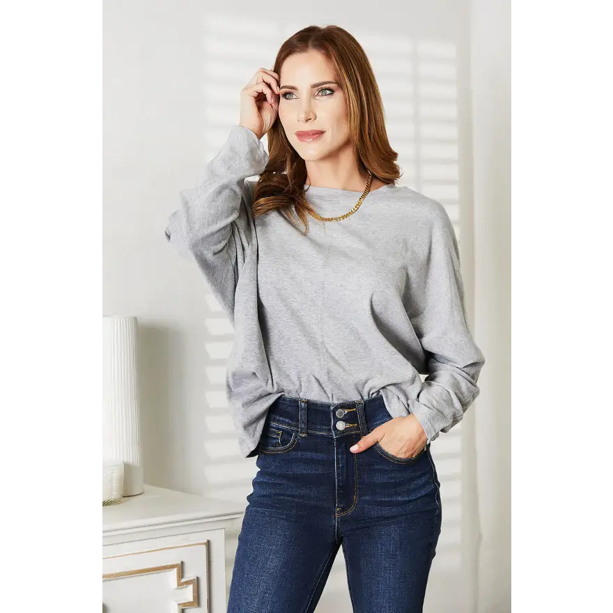 Chic Seam Detail Round Neck Long Sleeve Wardrobe Essential Clothing Tops Trendsi
