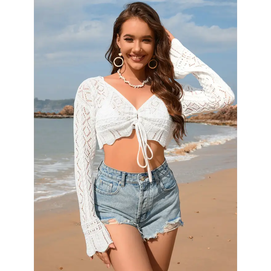 Breezy Openwork Long Drawstring Dress Cover Up for Sunlit Style Trendsi