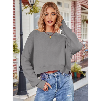 Cozy Dropped Shoulder Round Neck Knit Top for Effortless Style Clothing Tops Trendsi