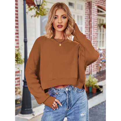 Cozy Dropped Shoulder Round Neck Knit Top for Effortless Style Clothing Tops Trendsi