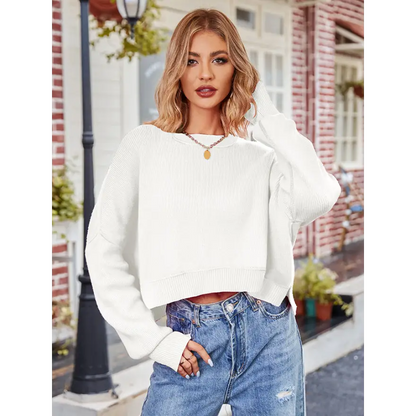 Cozy Dropped Shoulder Round Neck Knit Top for Effortless Style Clothing Tops Trendsi