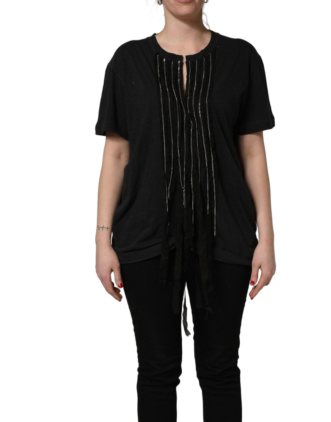 Dsquared² T-Shirts - Black Chain Embellished Cotton Short Sleeve T-shirt