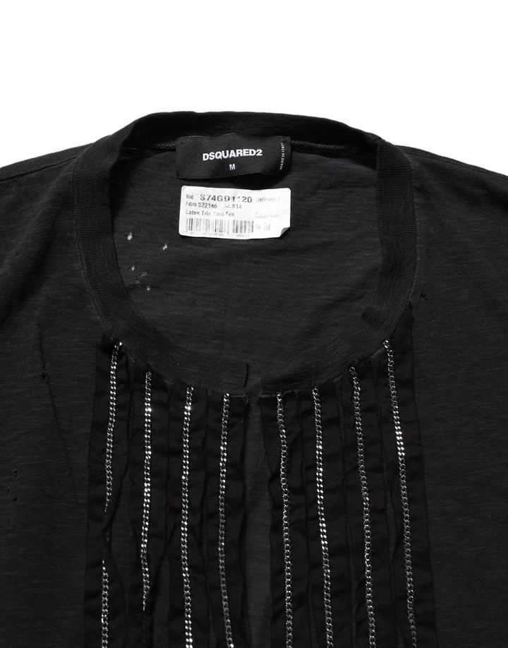 Dsquared² T-Shirts - Black Chain Embellished Cotton Short Sleeve T-shirt