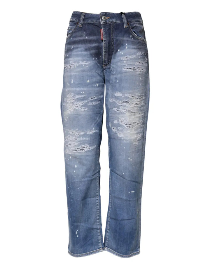 Dsquared² Blue Tattered Cotton Mid Waist Straight Denim Jeans