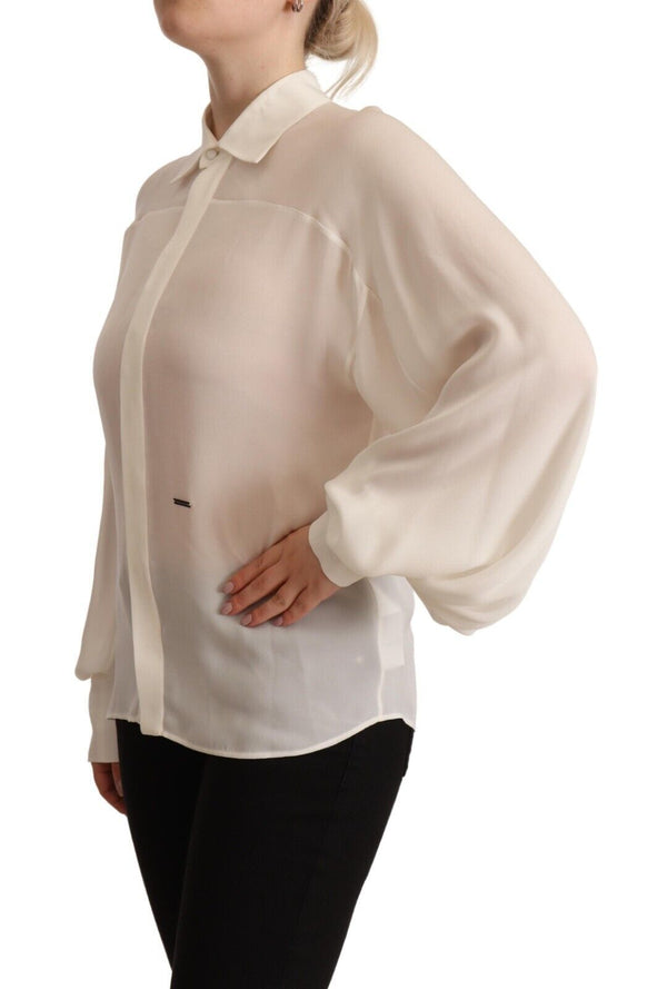 Dsquared² - Off White Silk Long Sleeves Collared Blouse Top
