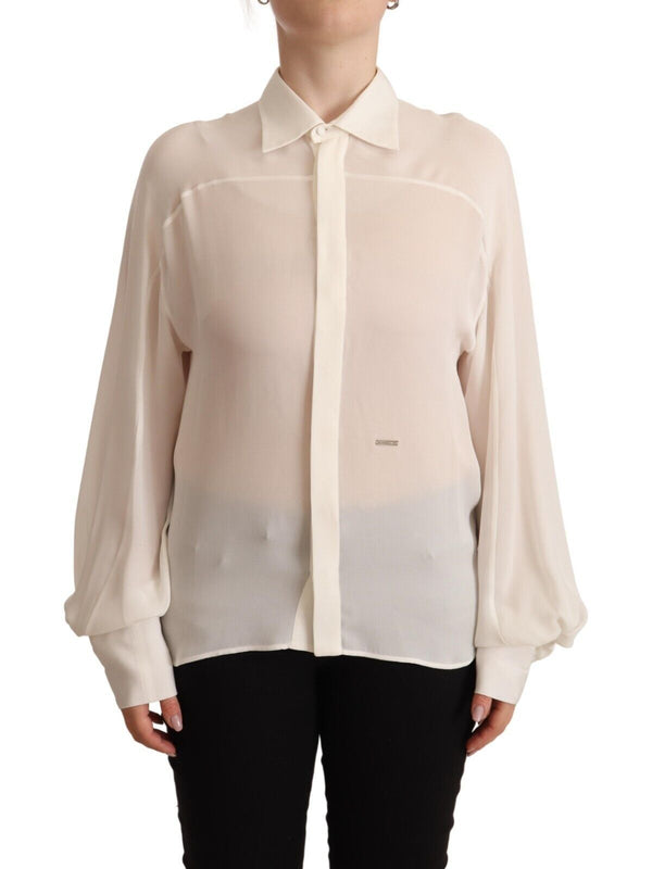 Dsquared² - Off White Silk Long Sleeves Collared Blouse Top