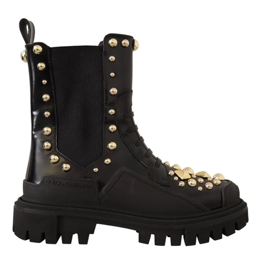 Edgy Dolce & Gabbana Gold Studded Combat Boots with Embroidered Flair