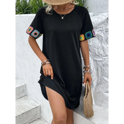 Embroidered Round Neck Short Sleeve Blouse Clothing Tops Trendsi