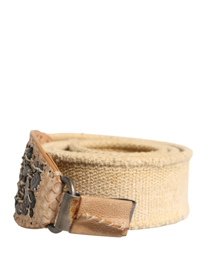 Ermanno Scervino Beige Canvas Embellished Metal Buckle Belt