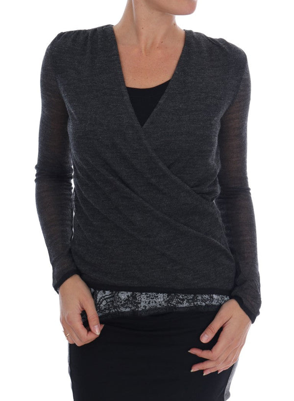 Ermanno Scervino Blouses - Women’s Gray Wool Lace Top Long Sleeved T-shirt