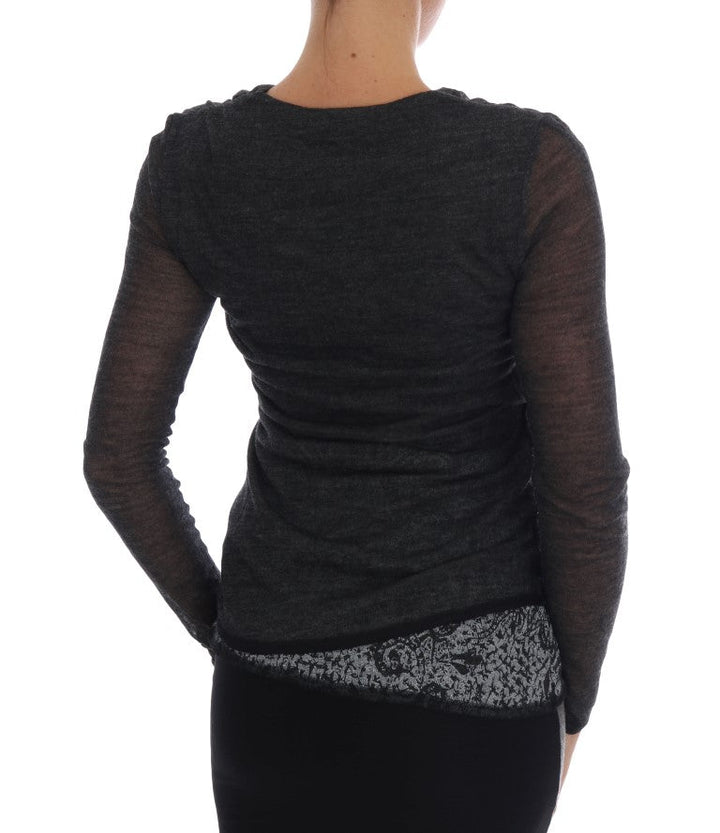 Ermanno Scervino Blouses - Women’s Gray Wool Lace Top Long Sleeved T-shirt