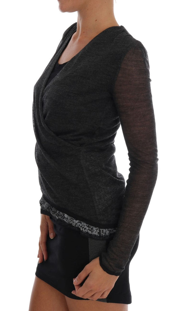 Ermanno Scervino Blouses - Women’s Gray Wool Lace Top Long Sleeved T-shirt