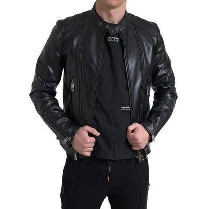 Exclusive Dolce Gabbana Leather Biker Jacket with Zipper Closure &