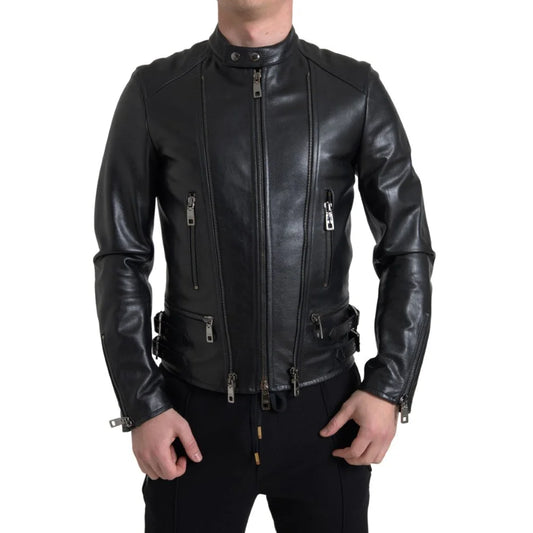 Exclusive Dolce Gabbana Leather Biker Jacket with Zipper Closure &