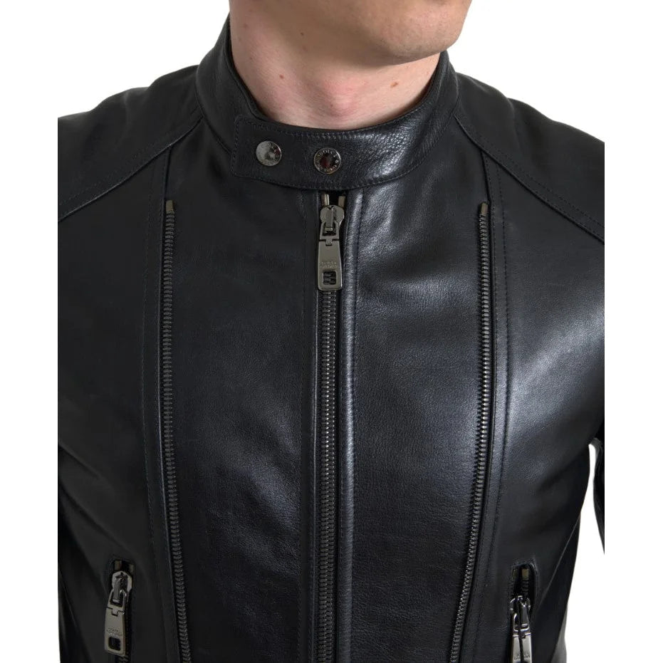 Exclusive Dolce Gabbana Leather Biker Jacket with Zipper Closure &