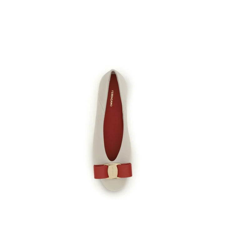 Ferragamo White Calf Leather Bos Taurus Ballet Flats