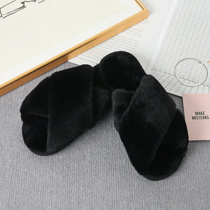 Step Into Luxury with Faux Fur Crisscross Strap Slippers Shoes Sneakers Trendsi