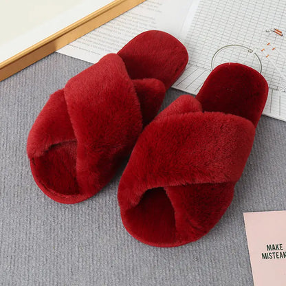 Step Into Luxury with Faux Fur Crisscross Strap Slippers Shoes Sneakers Trendsi