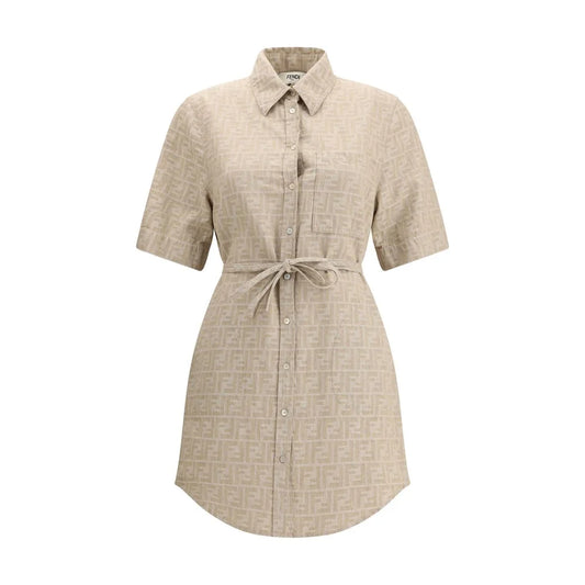 Fendi Beige Cotton Chambray Chemisier Dress with Classic Collar