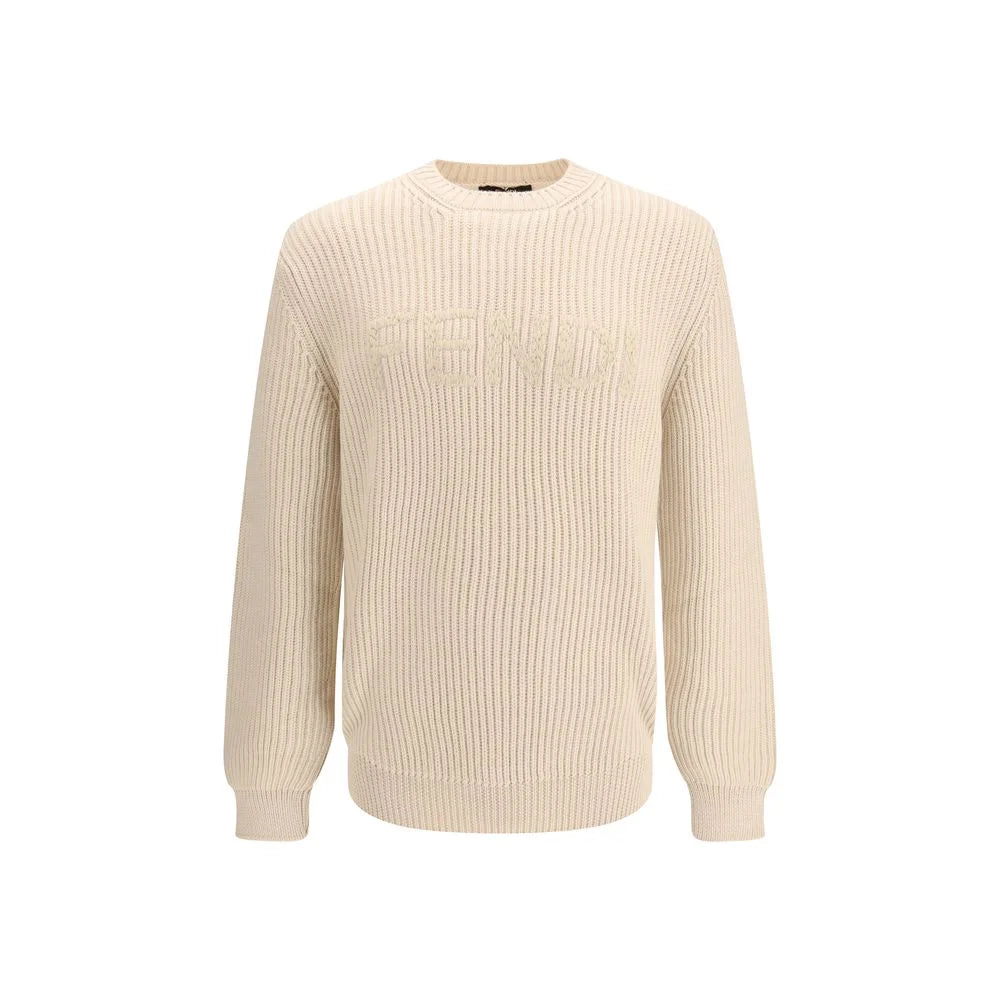 Fendi Light Grey Fleece Wool Pullover with English Rib Texture