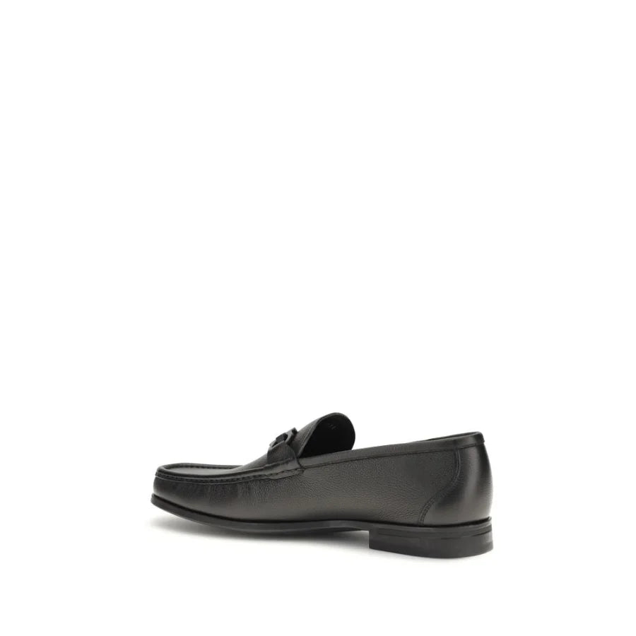 Ferragamo Black Calf Leather Bos Taurus Slip-On Loafers