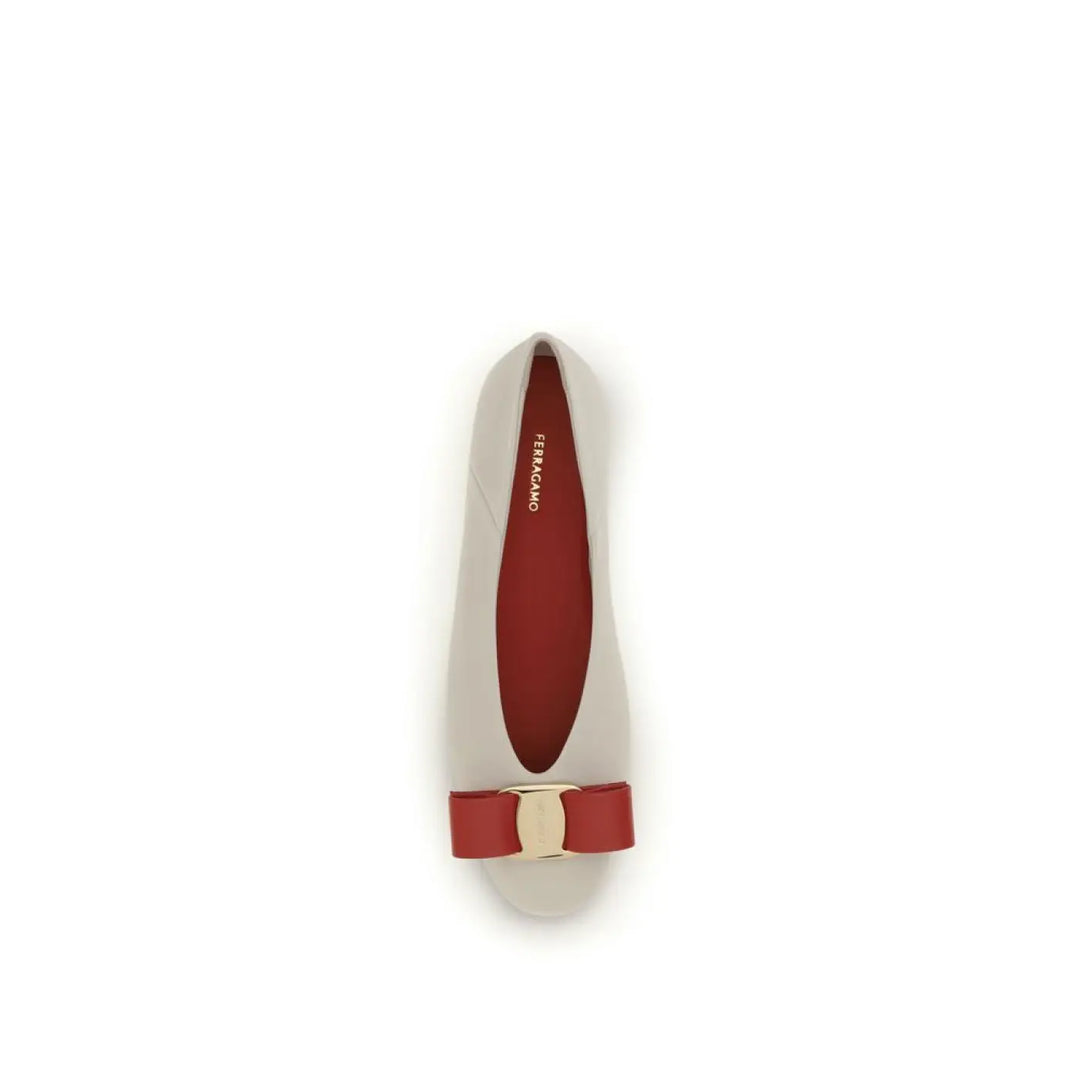 Ferragamo White Calf Leather Bos Taurus Ballet Flats