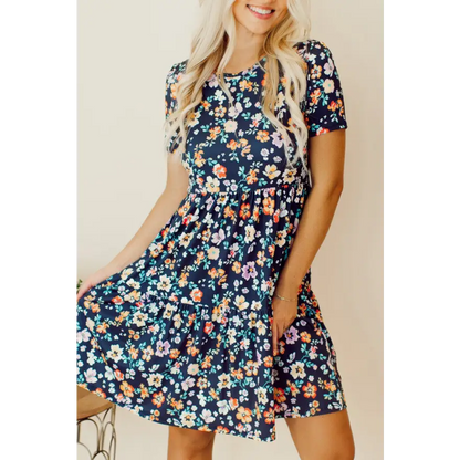 Floral Frenzy: Chic Round Neck Mini Dress! Clothing Tops Trendsi