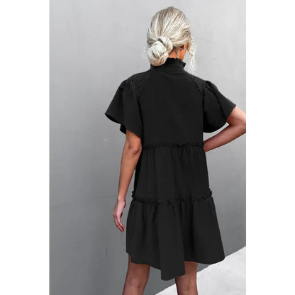 Frill Tie Neck Casual Dress - Solid Pattern Clothing Tops Trendsi