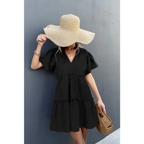 Playful Frill Trim Smocked Tie Neck Mini Dress Clothing Tops Trendsi